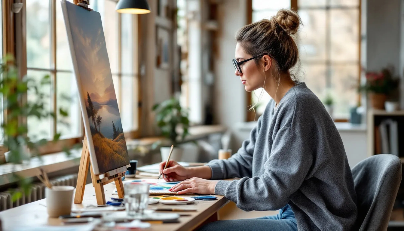 The image depicts a person deeply engaged in a creative hobby, such as painting or writing, highlighting the importance of personal time and work-life balance. This artistic pursuit serves as a joyful escape from the stresses of their job, emphasizing the value of spending time on passions for mental health and overall well-being.